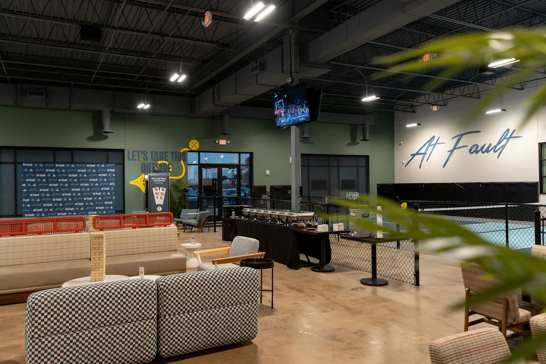 The At Fault lounge and court area set for guests to gather